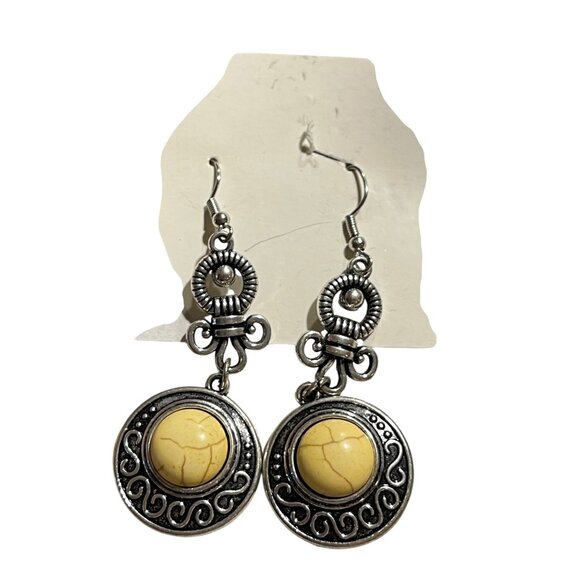 2~Boho Vintage-Style Dangle Earrings Yellow&Blue Stone Accents Silver-Tone Metal - Picture 5 of 9